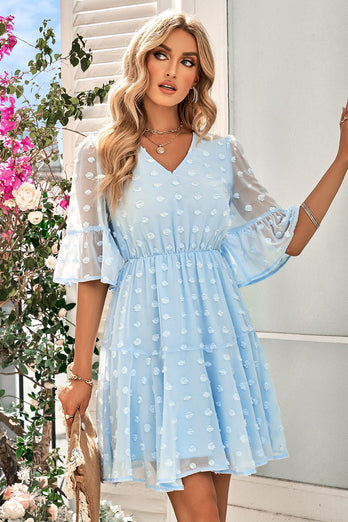 Niebieska Dekolt V Sukienki Letnie z Krótki Rękaw