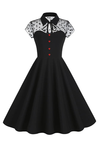Czarna Sukienka Vintage Z Krótkimi Rękawami