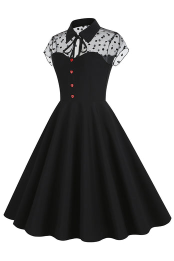 Czarna Sukienka Vintage Z Krótkimi Rękawami