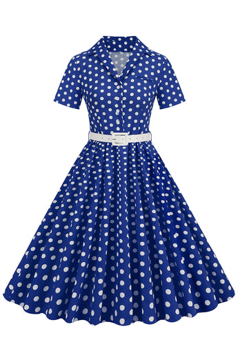 Niebieska Sukienka W Kropki W Stylu Hepburn Z Lat 50. Z Dekoltem W Serek