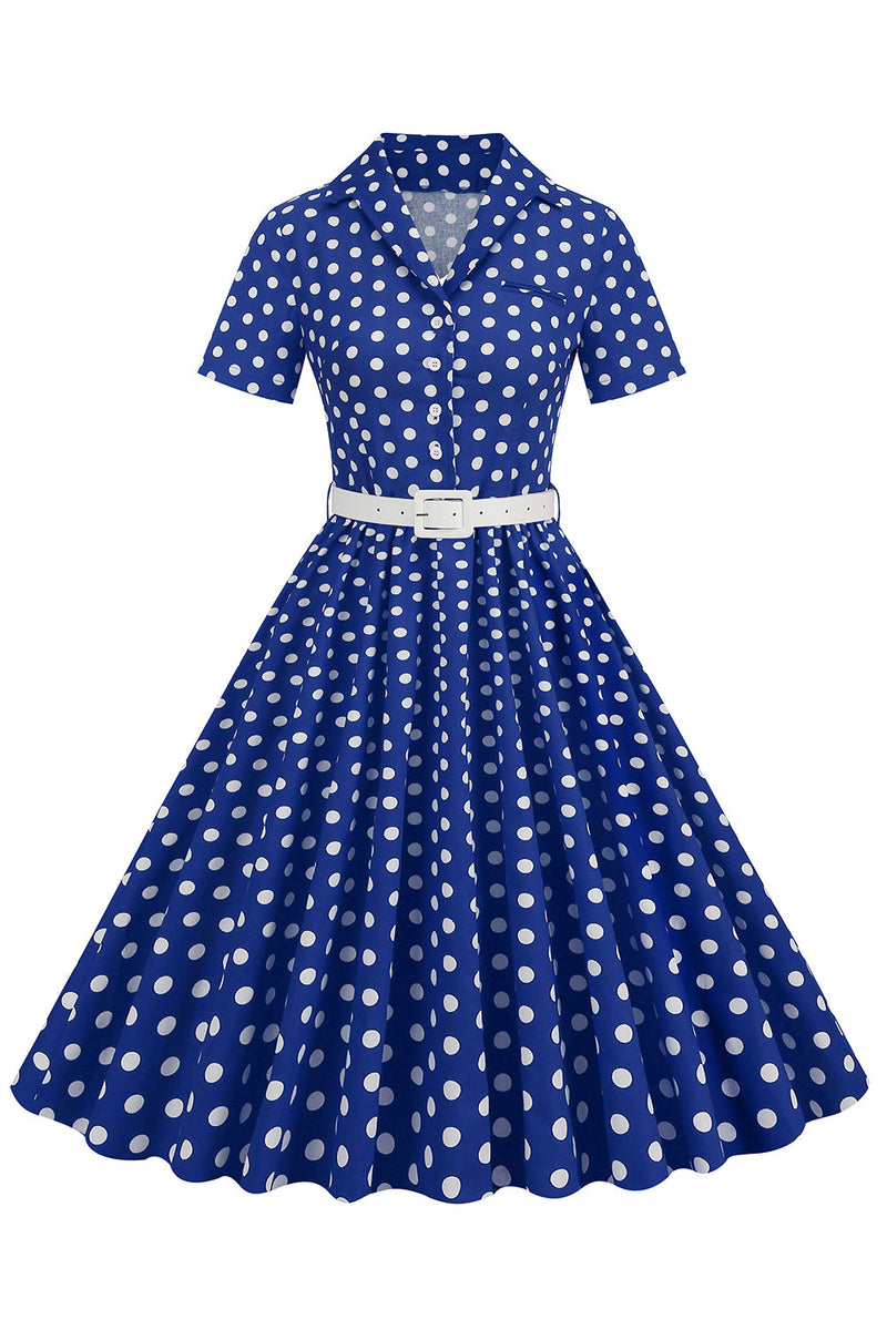 Załaduj obraz do przeglądarki galerii, Niebieska Sukienka W Kropki W Stylu Hepburn Z Lat 50. Z Dekoltem W Serek