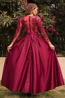 Burgundia Satynowe Sukienki Na Wesele Dla Mamy Z Dlugim Rekawem