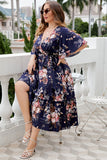 Plus Size V Neck Granatowa Letnia Sukienka Z Krótkim Rękawem