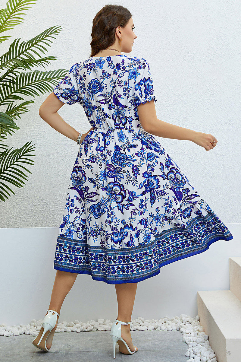 Załaduj obraz do przeglądarki galerii, Niebieska letnia sukienka z dekoltem w serek plus size z krótkim rękawem