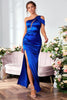 Załaduj obraz do przeglądarki galerii, Syrena Na Jedno Ramię Królewska Niebieska Długa Sukienka Na Studniówkę Z Rozciętym Przodem