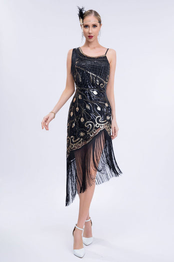 Czarna koralik Roaring 20s Gatsby Fringed Flapper Dress