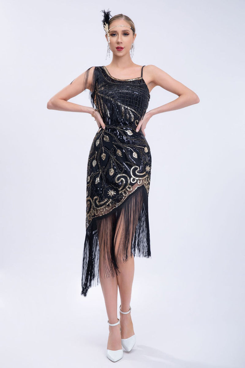 Załaduj obraz do przeglądarki galerii, Czarna koralik Roaring 20s Gatsby Fringed Flapper Dress