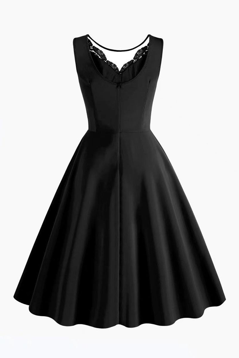 Załaduj obraz do przeglądarki galerii, Czarna Bez Rękawów Sukienka Retro Lata 50 z Koronką