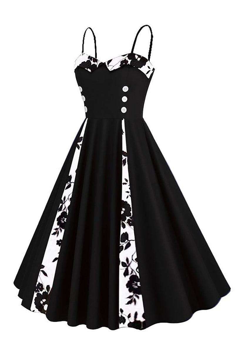 Załaduj obraz do przeglądarki galerii, Czarna Sukienki W Grochy Lata 50 Bez Rękawów