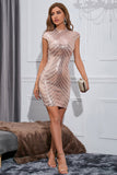 Sparkly Sequin Rose Golden Cap Rękawy Bodycon Sukienka koktajlowa