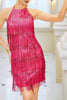 Załaduj obraz do przeglądarki galerii, Halter Fuchsia Błyszcząca krótka sukienka koktajlowa bez pleców z frędzlami