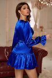 V-Neck Royal Blue Krótka sukienka Homecoming z długim rękawem