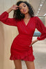 Załaduj obraz do przeglądarki galerii, V-Neck Długie rękawy Czerwona sukienka Homecoming z marszczeniami