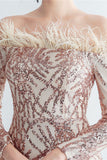 Sparkly Off The Shoulder Cekiny Złota sukienka na studniówkę z piórami