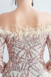 Sparkly Off The Shoulder Cekiny Złota sukienka na studniówkę z piórami