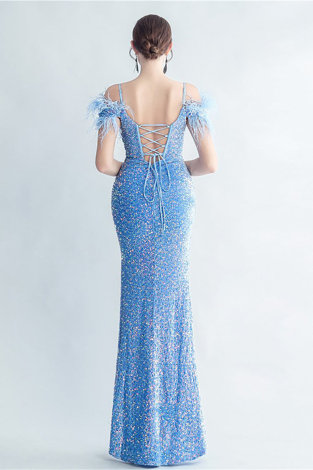 Cold Shoulder Cekiny Niebieski gorset Sukienka na studniówkę z piórami