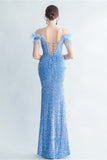 Cold Shoulder Cekiny Niebieski gorset Sukienka na studniówkę z piórami