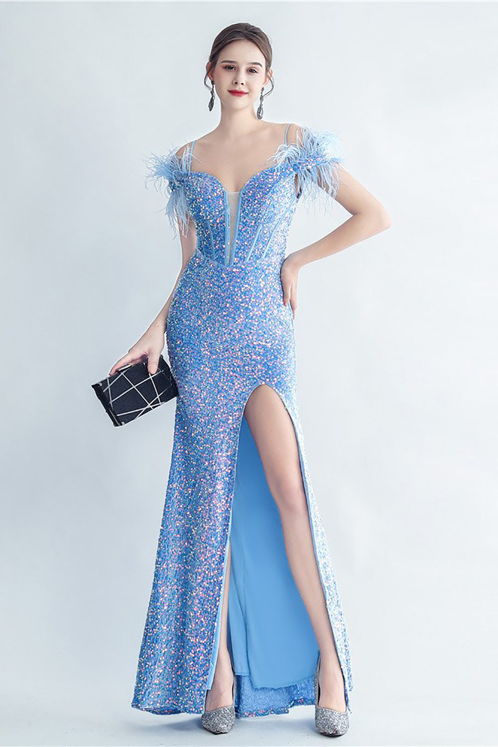Cold Shoulder Cekiny Niebieski gorset Sukienka na studniówkę z piórami