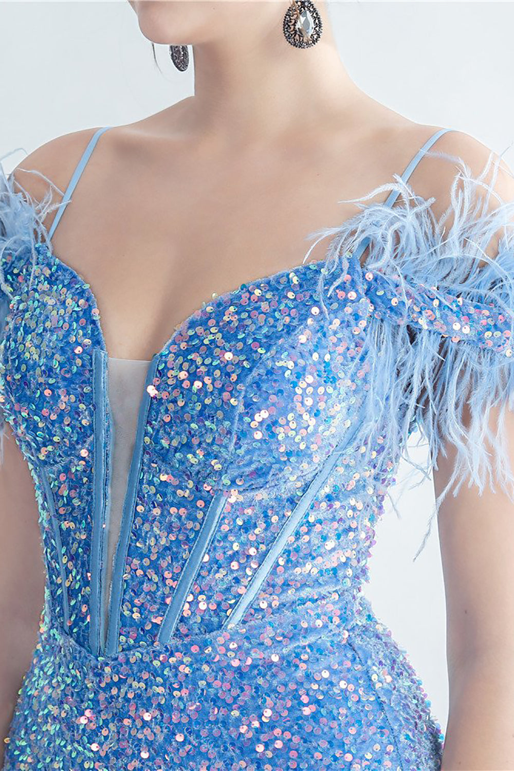 Cold Shoulder Cekiny Niebieski gorset Sukienka na studniówkę z piórami