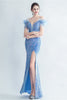 Załaduj obraz do przeglądarki galerii, Cold Shoulder Cekiny Niebieski gorset Sukienka na studniówkę z piórami