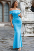 Załaduj obraz do przeglądarki galerii, Satynowa Syrenka Off The Shoulder Niebieska sukienka na studniówkę