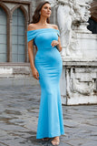 Satynowa Syrenka Off The Shoulder Niebieska sukienka na studniówkę