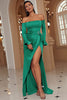 Załaduj obraz do przeglądarki galerii, Off The Shoulder Zielona długa sukienka na studniówkę z rozcięciem