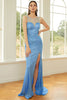 Załaduj obraz do przeglądarki galerii, Błyszcząca cekinowa sukienka bez rękawów Blue Prom z rozcięciem