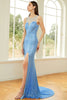 Załaduj obraz do przeglądarki galerii, Błyszcząca cekinowa sukienka bez rękawów Blue Prom z rozcięciem