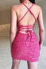 Załaduj obraz do przeglądarki galerii, Halter Fuchsia Bodycon Lace Up Back Krótka sukienka Homecoming