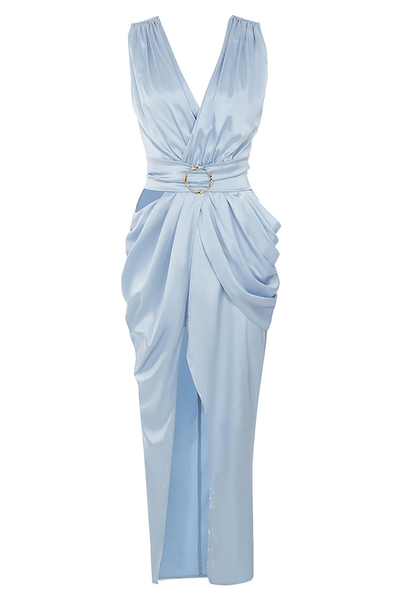 Załaduj obraz do przeglądarki galerii, Niebieska sukienka koktajlowa z wyciętym dekoltem V z dzieloną fasadą