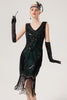 Załaduj obraz do przeglądarki galerii, Błyszcząca Czarna Dekolt V Sukienka Flapper Z Frędzlami
