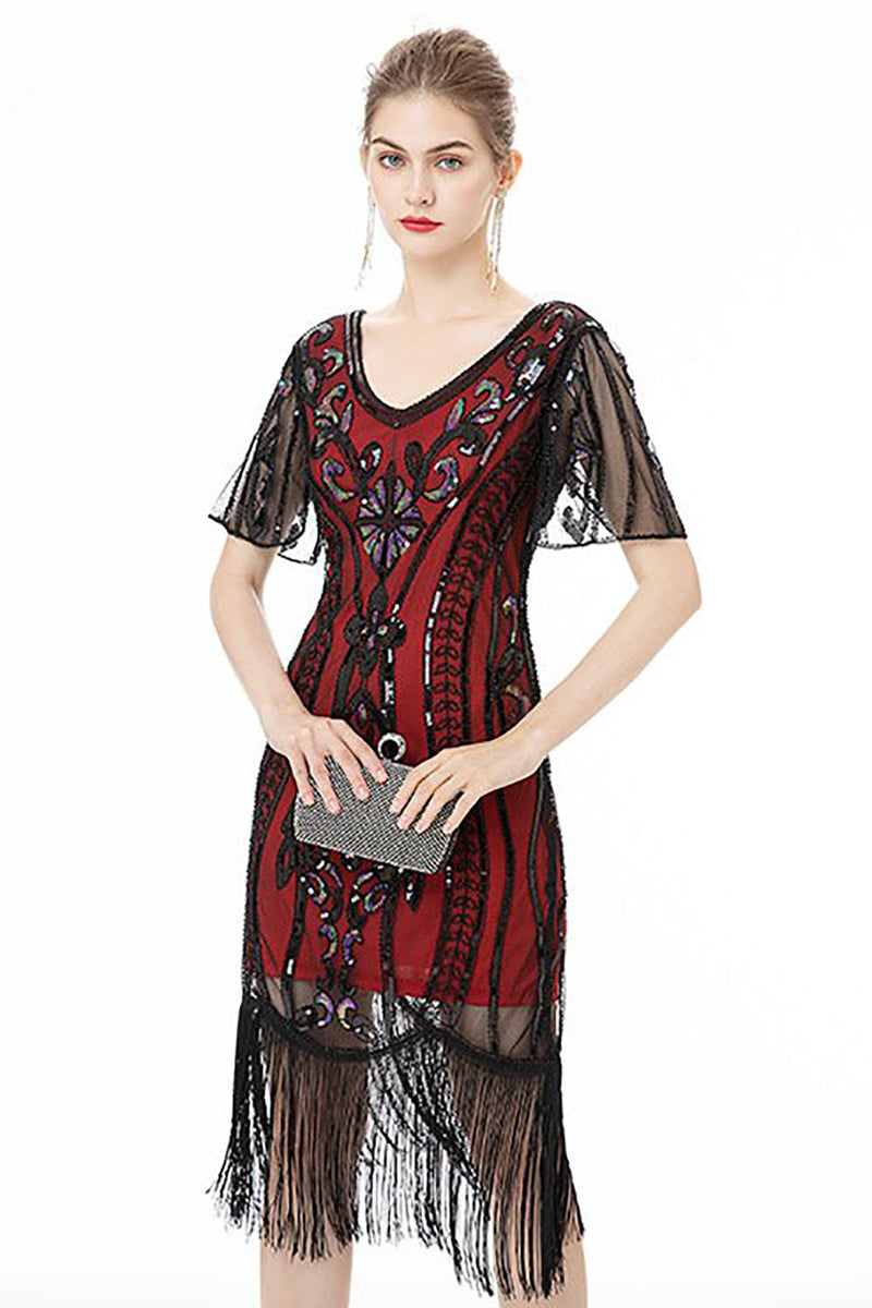 Załaduj obraz do przeglądarki galerii, Czarne Frędzle Błyszcząca Sukienka Lata 20 Z Krótkim Rękawem