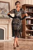 Czarny Złoty Dekolt V Fringe 1920s Gatsby Sukienka Z Cekinami