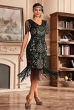 Czarny Złoty Dekolt V Fringe 1920s Gatsby Sukienka Z Cekinami