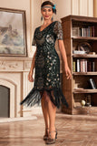 Czarny Złoty Dekolt V Fringe 1920s Gatsby Sukienka Z Cekinami