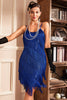 Załaduj obraz do przeglądarki galerii, Królewska Niebieska Cienkich Ramiączkach Sukienka Lata 20 Wielki Gatsby Z Frędzlami