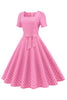 Załaduj obraz do przeglądarki galerii, Różowa Kwadratowy Dekolt Sukienki W Groszki z Krótki Rękaw