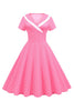 Załaduj obraz do przeglądarki galerii, Różowa Dekolt V Sukienki W Groszki Z Lat 50 z Krótkie Rękawy