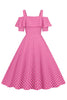 Załaduj obraz do przeglądarki galerii, Zimne Ramię Różowa Sukienka W Stylu Lat 50 w Kształcie Litery A
