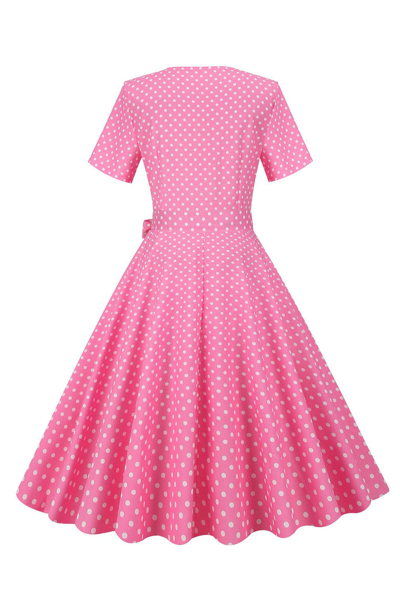 Załaduj obraz do przeglądarki galerii, Różowa Sukienka Lata 50 W Kropki Z Krótkim Rękawem