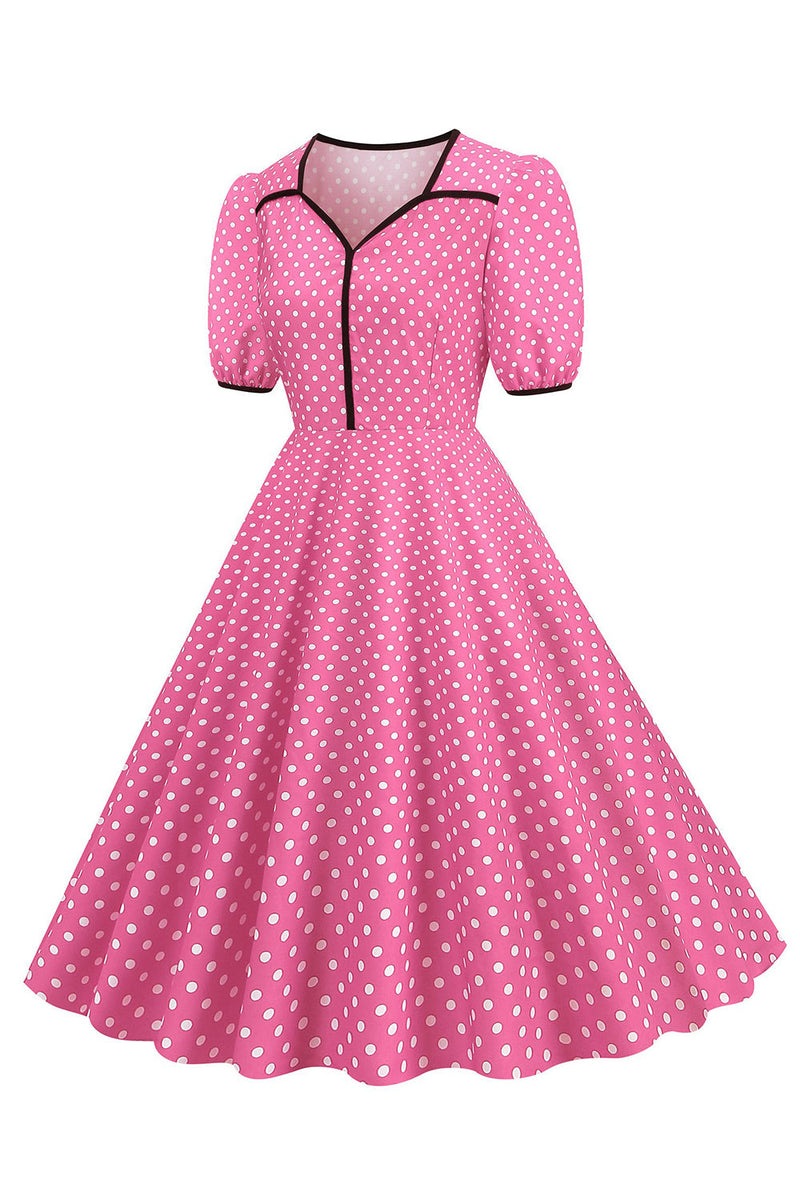 Załaduj obraz do przeglądarki galerii, Różowa Sukienka Lata 50 Z Krótkim Rękawem W Kropki
