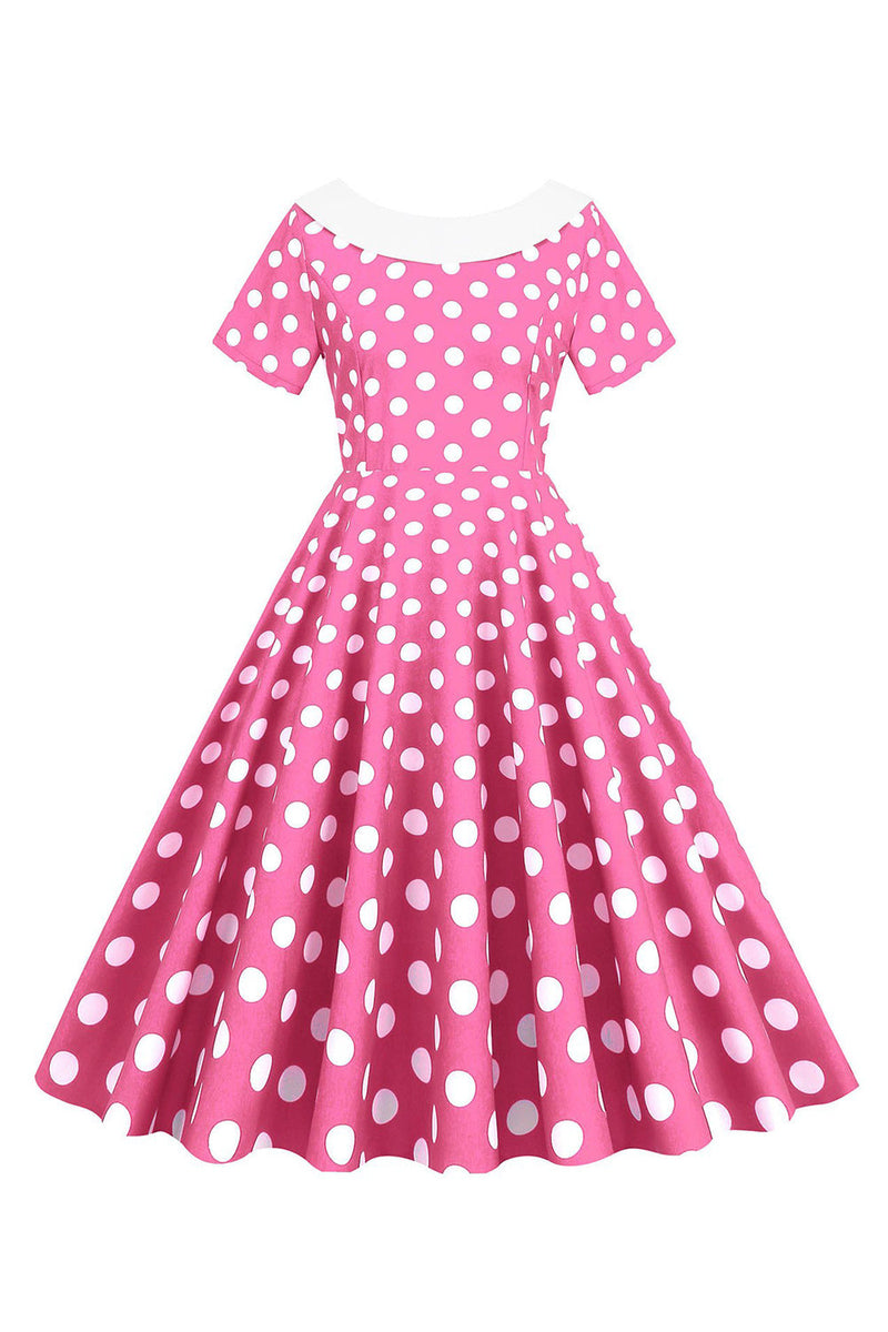 Załaduj obraz do przeglądarki galerii, Różowa Sukienka W Kropki łódka Dekolt Sukienka Lata 50 Z Kokardą