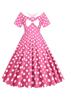 Różowa Sukienka W Kropki łódka Dekolt Sukienka Lata 50 Z Kokardą