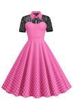 Polka Dots Różowy Piotruś Pan Vintage Sukienka z koronką