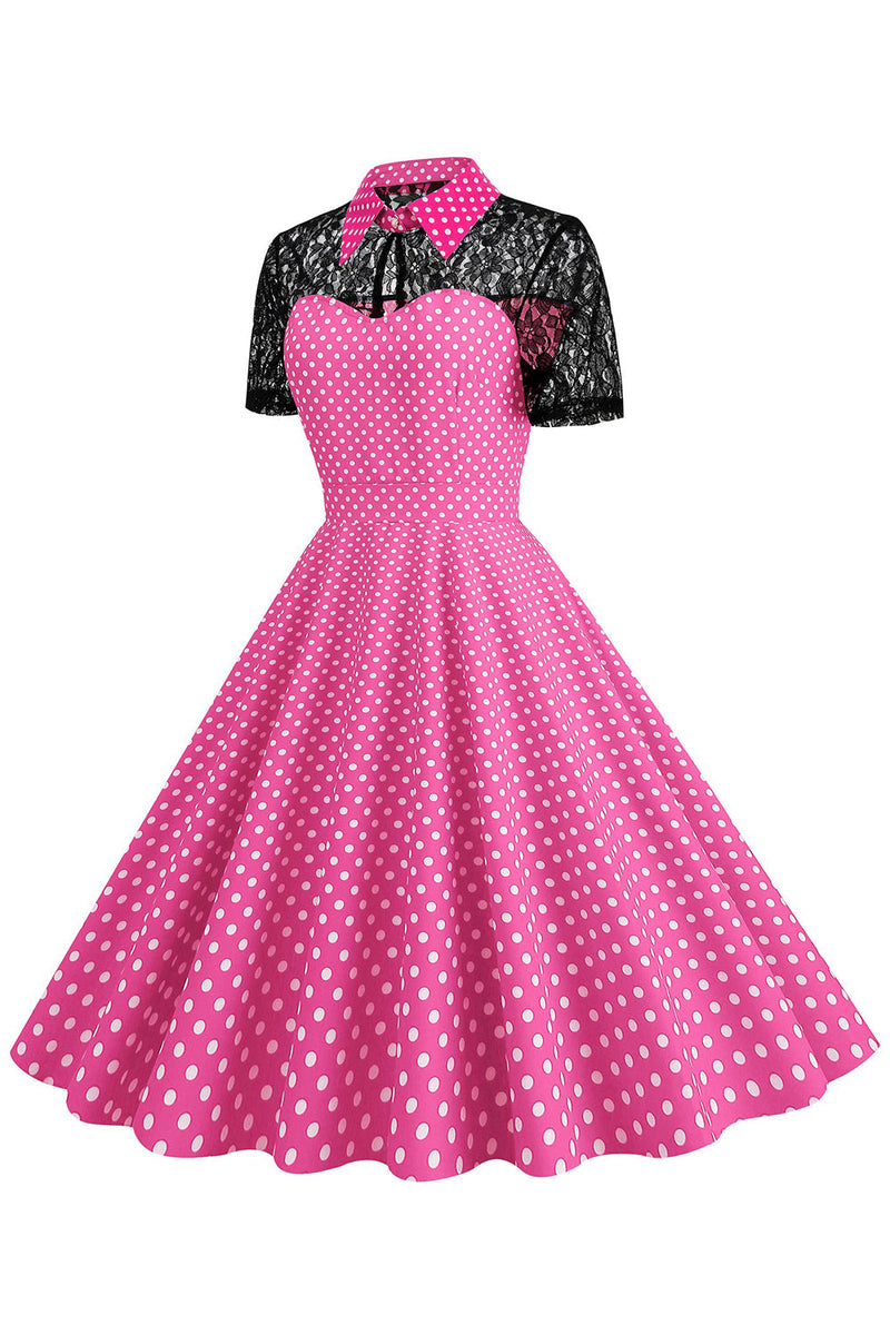 Załaduj obraz do przeglądarki galerii, Polka Dots Różowy Piotruś Pan Vintage Sukienka z koronką