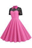 Polka Dots Różowy Piotruś Pan Vintage Sukienka z koronką