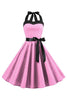 Załaduj obraz do przeglądarki galerii, Różowa Sukienka W Kropki Dekolt Halter Sukienki Lata 50 Z Kokardą