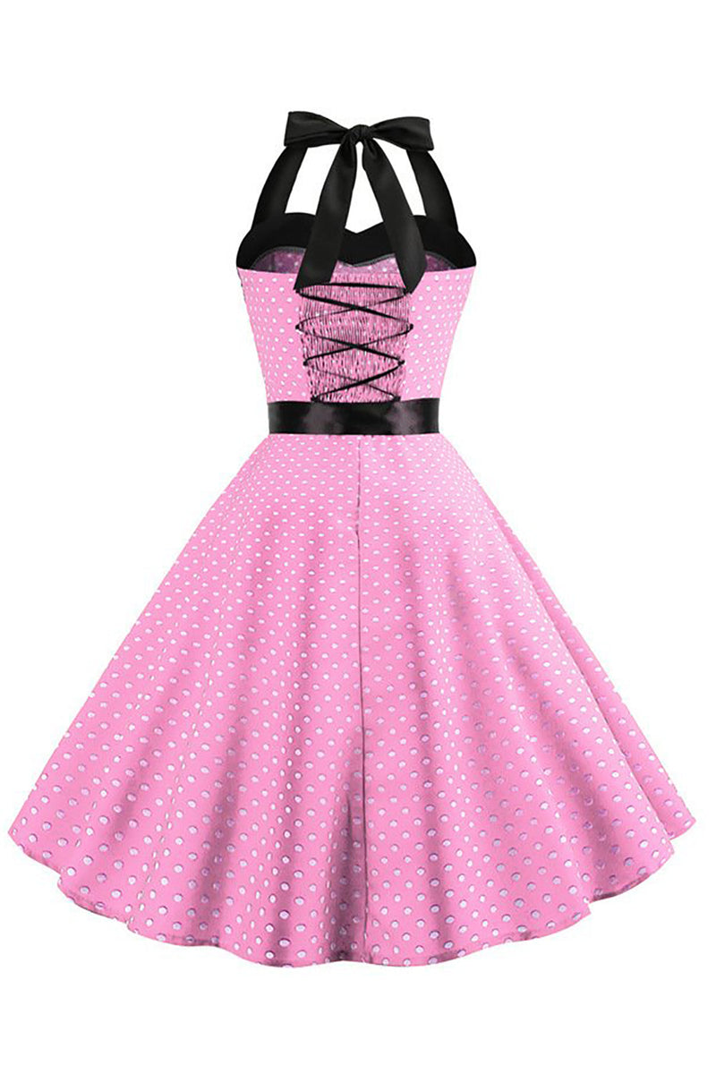 Załaduj obraz do przeglądarki galerii, Różowa Sukienka W Kropki Dekolt Halter Sukienki Lata 50 Z Kokardą
