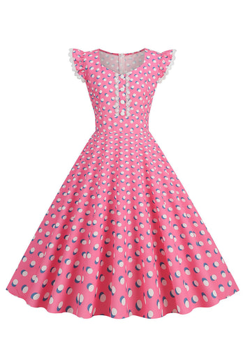 Linia Różowe Groszki Flutter Rękawy Sukienka Lata 50